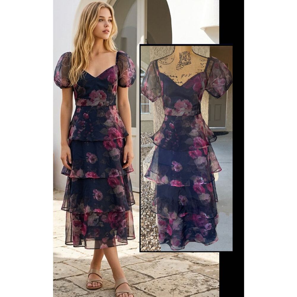 Lulus Navy Blue Floral Organza Tiered Midi Oh-So Stunning Dress Size S NEW